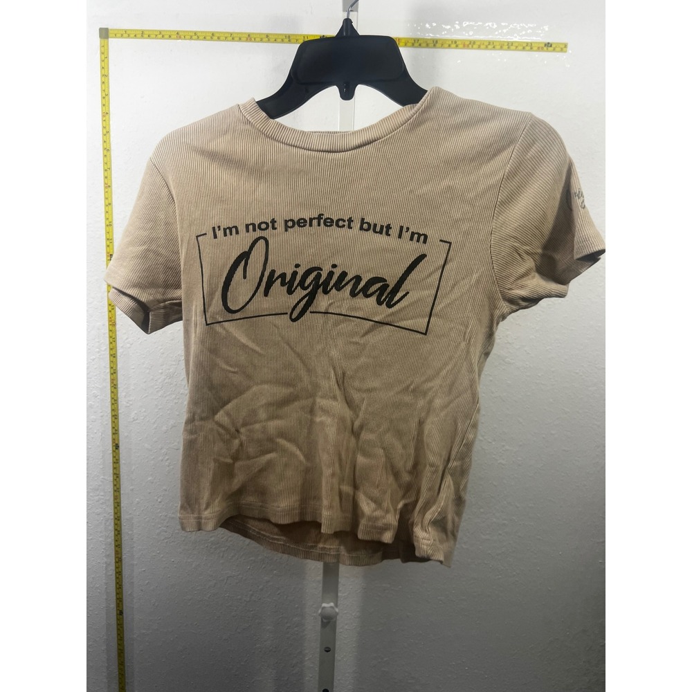 On Fire Womens Tan Ribbed Graphic T-Shirt Im Not Perfect But Im Original Size L